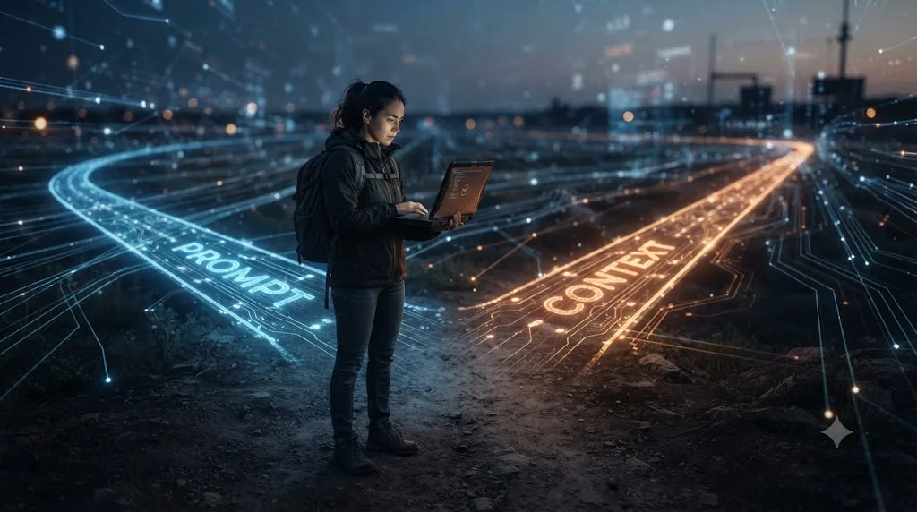Illustration of a person standing at a fork in a glowing digital road, one path labeled prompt and the other labeled context