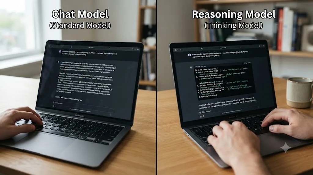 Illustration contrasting a chat model answering immediately with a reasoning model working through a visible internal thought process first