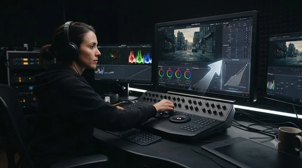 Illustration of a colorist at a DaVinci Resolve timeline with an AI tutor overlay pointing at a specific tool instead of a chat box