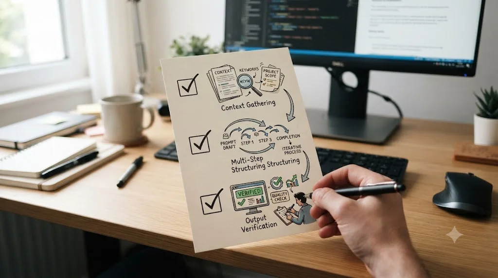Illustration of a three-item checklist showing context gathering, multi-step structuring, and output verification as connected habits