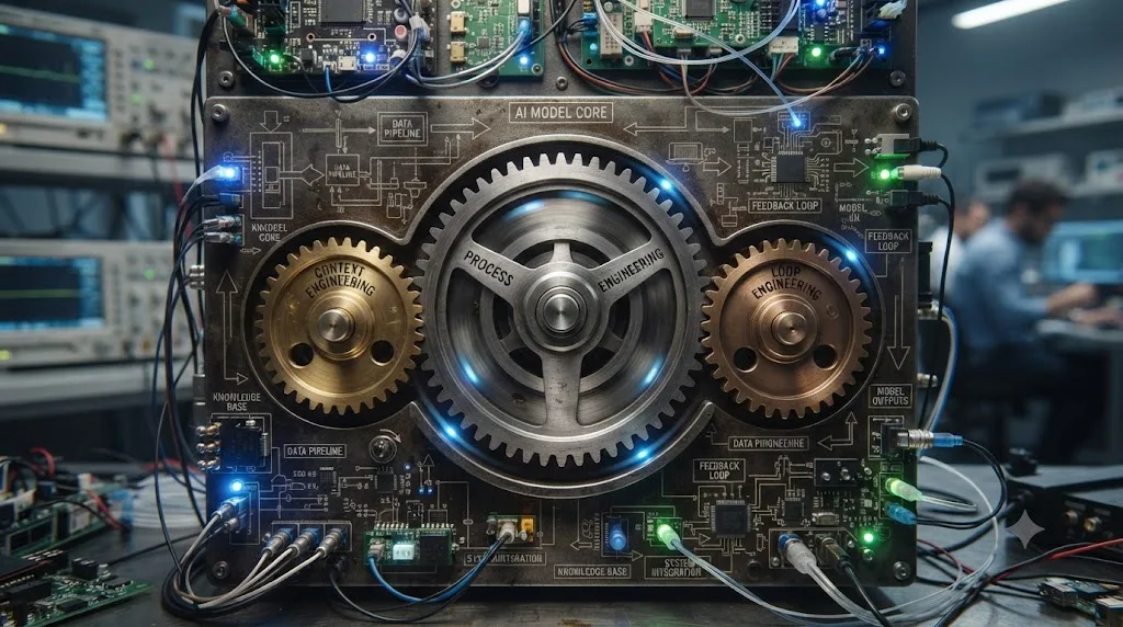 Illustration of three labeled gears representing context engineering, process engineering, and loop engineering turning inside a larger AI system diagram