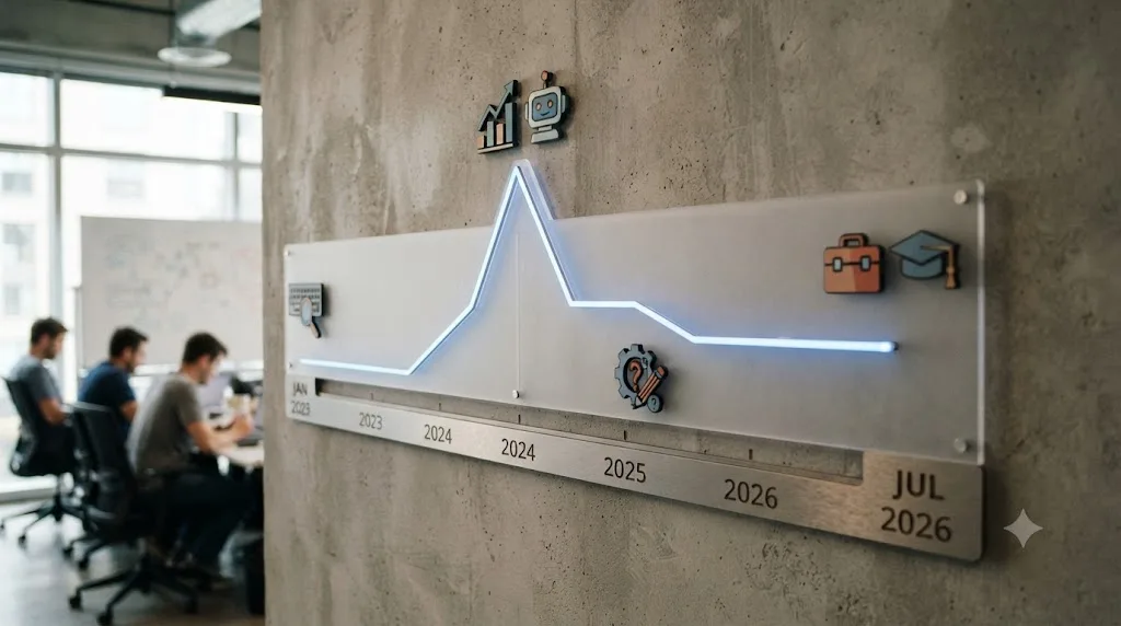 Illustration of a timeline graphic from January 2023 to July 2026 showing rising and falling interest in prompt engineering as a job title