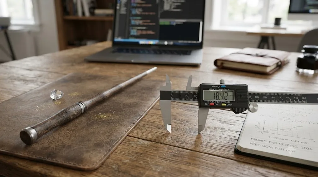 Illustration of a magic wand next to a scientific measuring tool, representing old trick-based prompting versus structured prompting