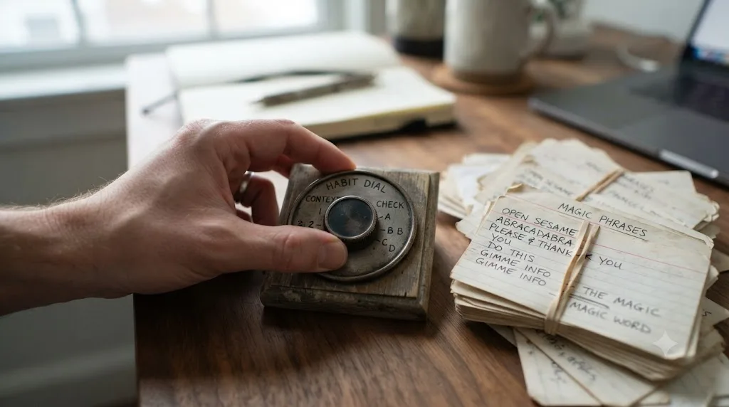 Illustration of a hand adjusting a habit dial labeled context and check next to a pile of discarded flashcards labeled magic phrases