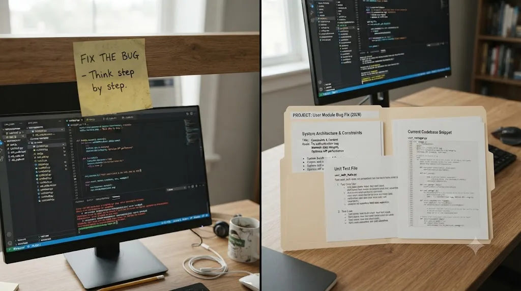 Illustration contrasting a vague sticky note reading fix the bug with an organized folder of code, test file, and constraints