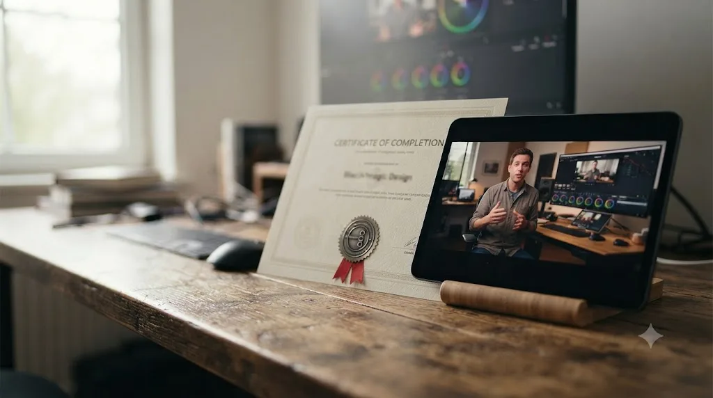 Illustration of a certificate with a badge, connected to a course video playing on a screen as a stepping stone toward the exam