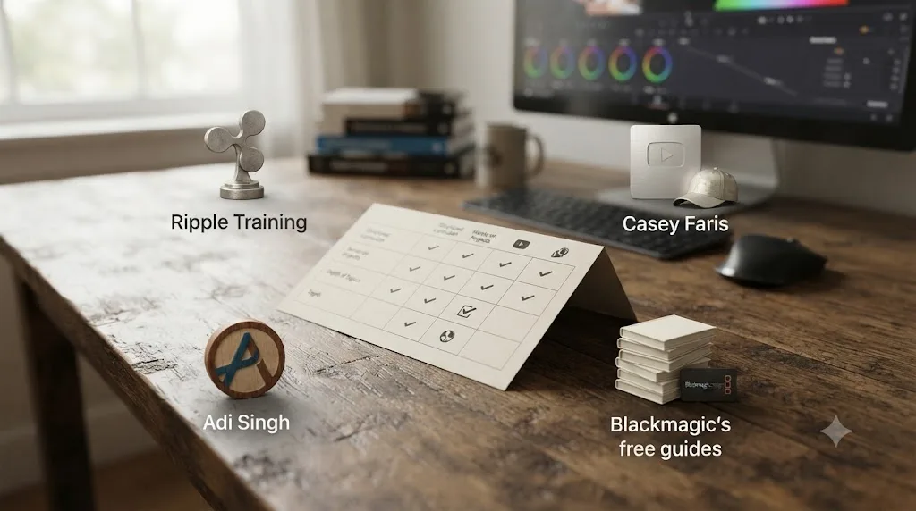 Illustration of four instructor and resource icons arranged around a central comparison table representing different DaVinci Resolve learning options