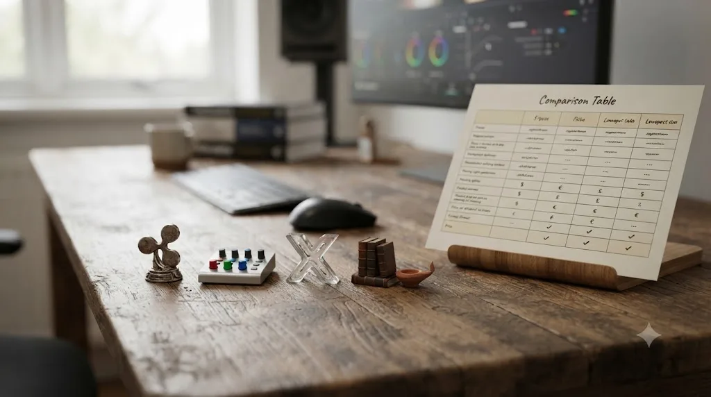Illustration of four DaVinci Resolve training platform icons arranged beside a price and format comparison table