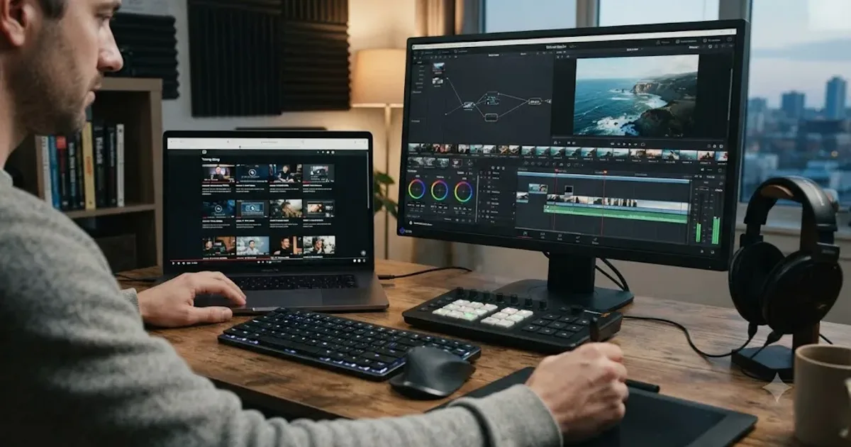 Illustration of a person comparing a structured video training library against a live, moving DaVinci Resolve timeline on a second screen