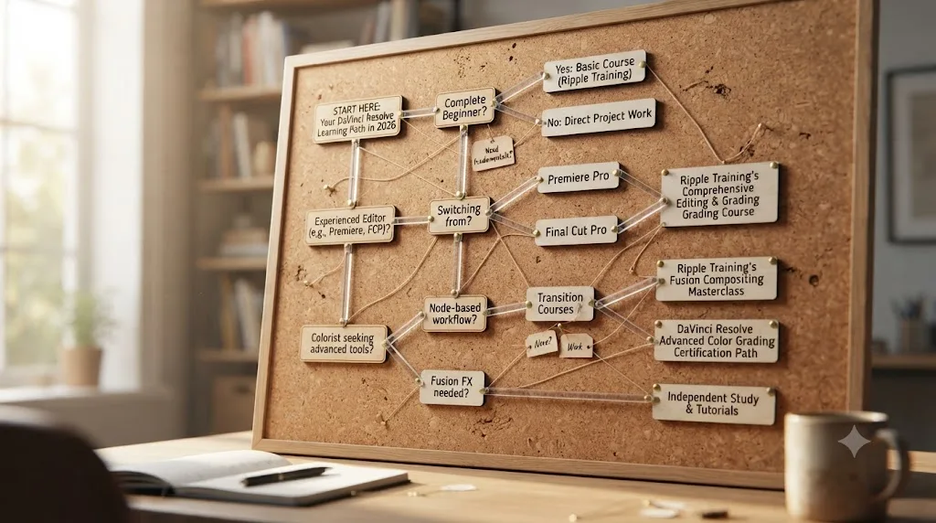 Illustration of a branching decision tree diagram leading toward different DaVinci Resolve learning paths based on the reader's situation