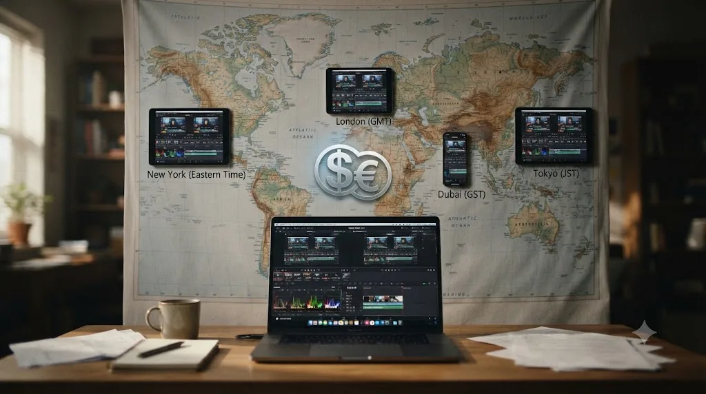Illustration of a world map with a laptop showing a DaVinci Resolve course playing across different time zones, with a currency exchange icon layered over it