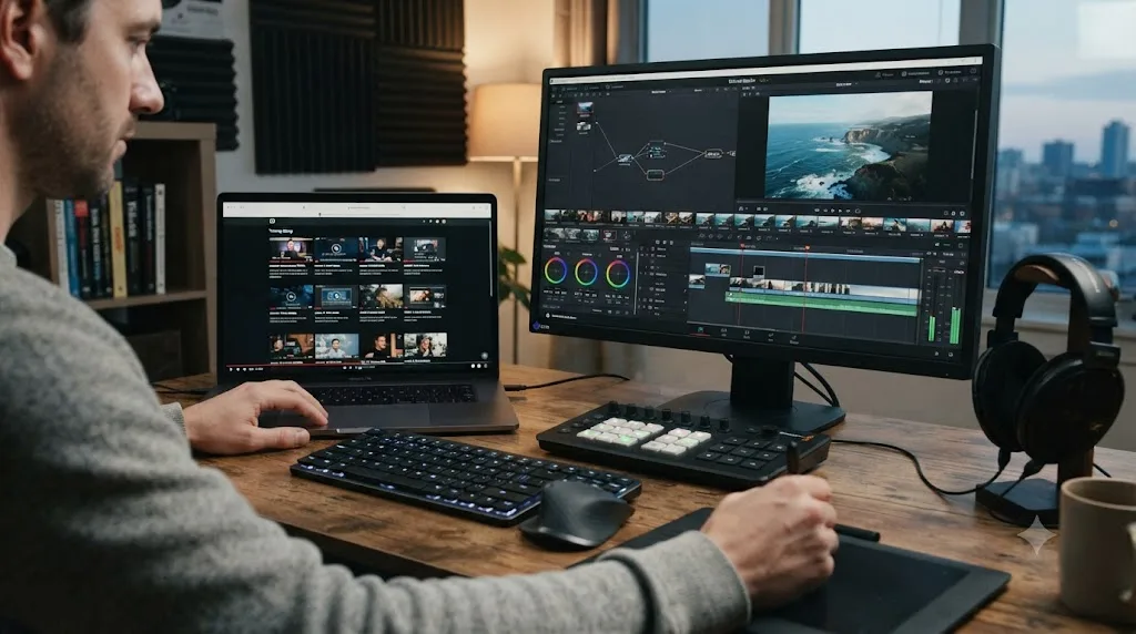 Illustration of a person comparing a structured video training library on a laptop next to a live DaVinci Resolve timeline on a second monitor