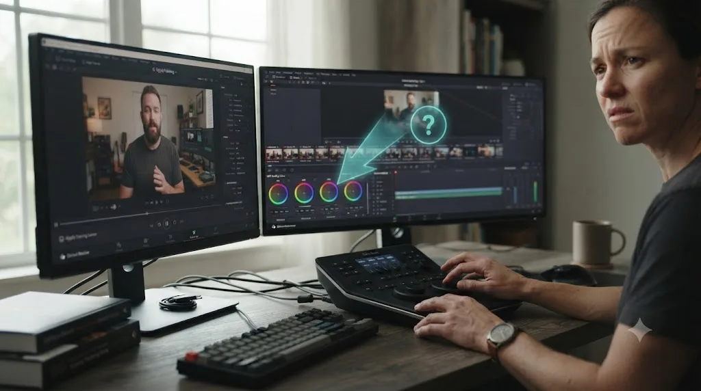Illustration of a person studying a paused DaVinci Resolve course video, then opening their own project and hitting a decision the video never covered