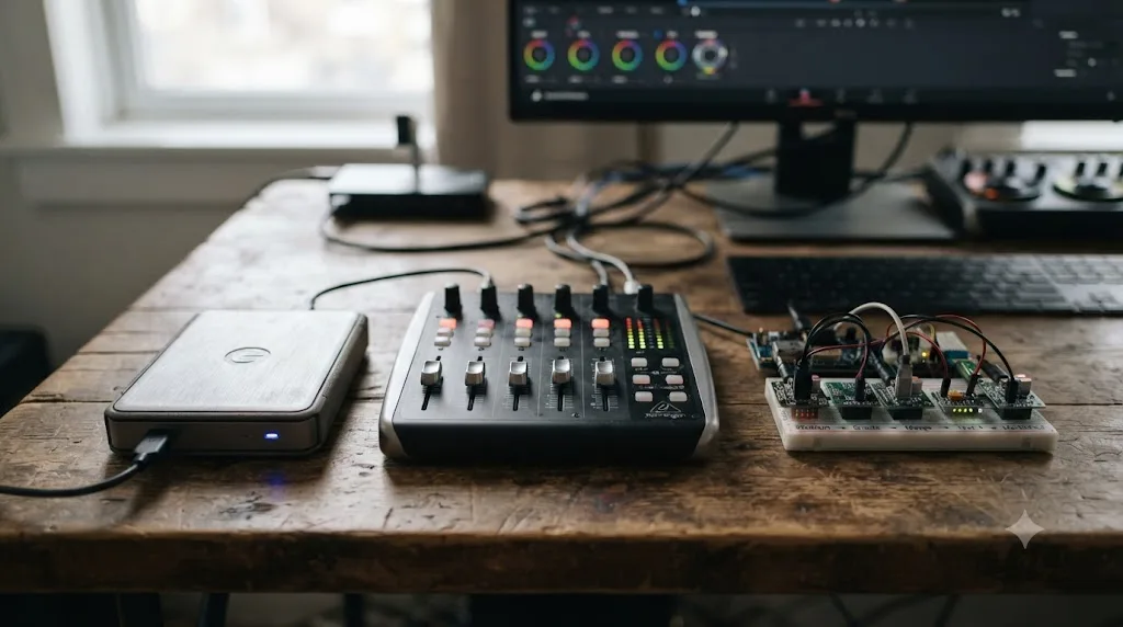 Illustration of three icons representing project backup, sound mixing, and Fusion node compositing side by side