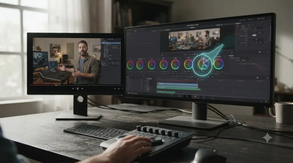 Illustration of an assistant overlay pointing at a control inside a live DaVinci Resolve project, next to a paused course video on a separate screen