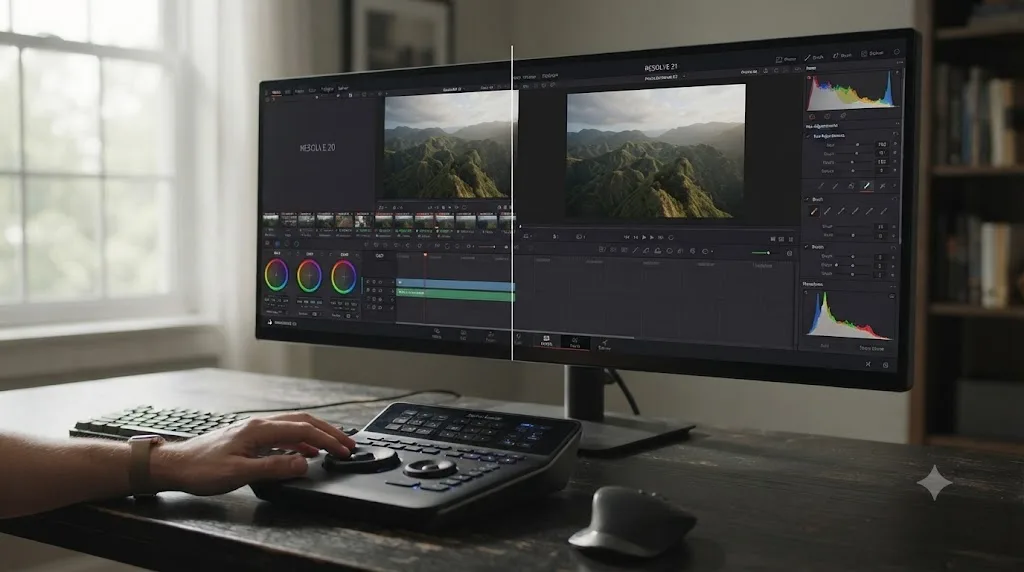 Illustration of a DaVinci Resolve interface split between an older layout and the newer Resolve 21 Photo page tab
