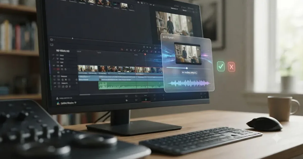 Illustration of a DaVinci Resolve timeline with an AI co-editor panel proposing an edit before it lands