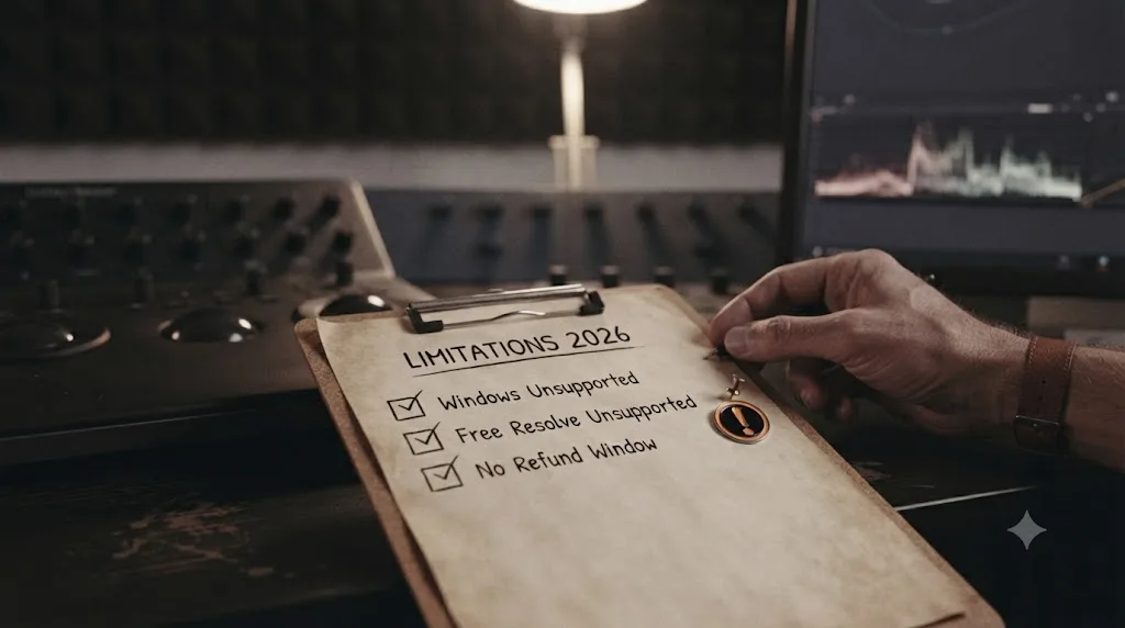 Illustration of a checklist of limitations including platform lock-in and no refund window with a caution icon