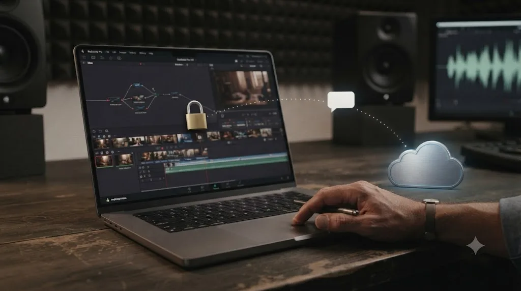 Illustration of a laptop with locked media files and only a text prompt bubble leaving toward a cloud icon