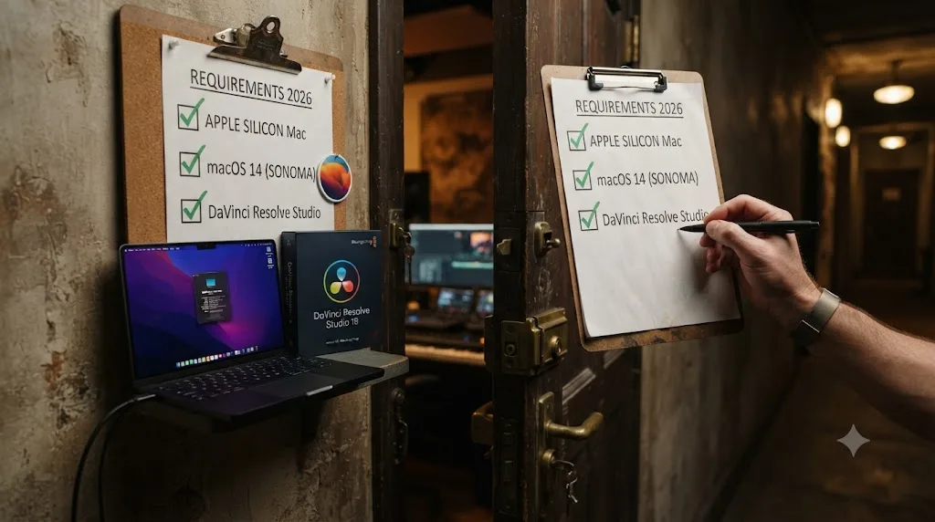 Illustration of a checklist for Apple Silicon Mac, macOS version, and DaVinci Resolve Studio requirements before a locked door opens
