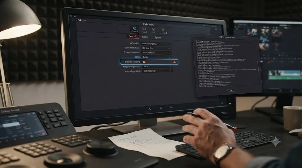 Illustration of a DaVinci Resolve preferences panel with an external scripting setting highlighted next to a diagnostics report window