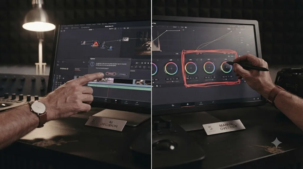 Illustration contrasting a hand approving an AI-proposed edit with a hand-drawn box pointing at a control on the same screen