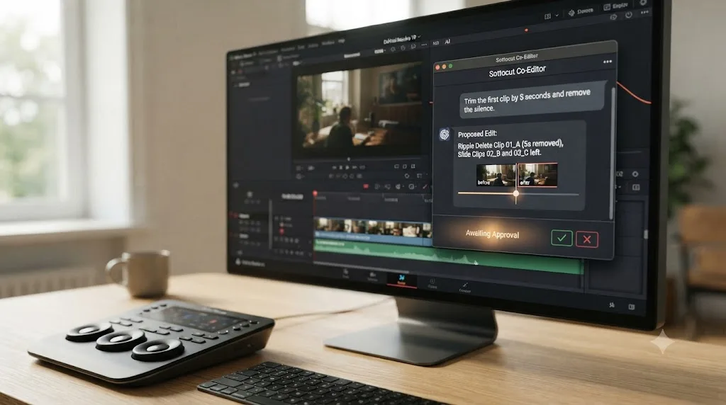 Illustration of an AI co-editor chat panel inside DaVinci Resolve showing a proposed timeline change awaiting approval