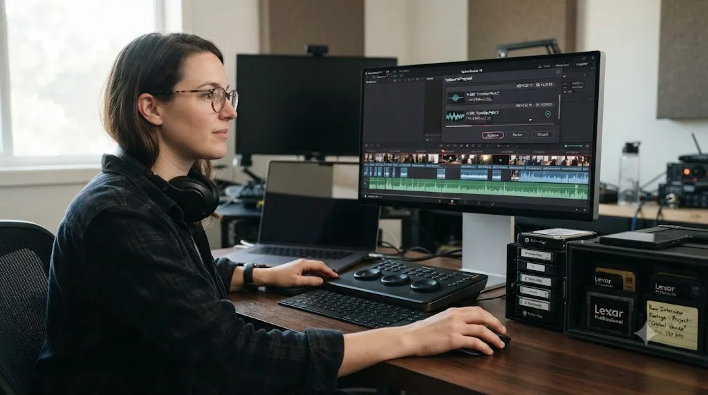 Illustration of an editor at a Mac reviewing an AI-proposed edit on a DaVinci Resolve timeline with raw interview clips nearby