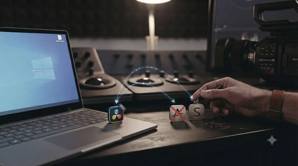 Illustration of a Windows PC and a free-edition Resolve icon pointing toward alternate AI editing tools instead of a locked download