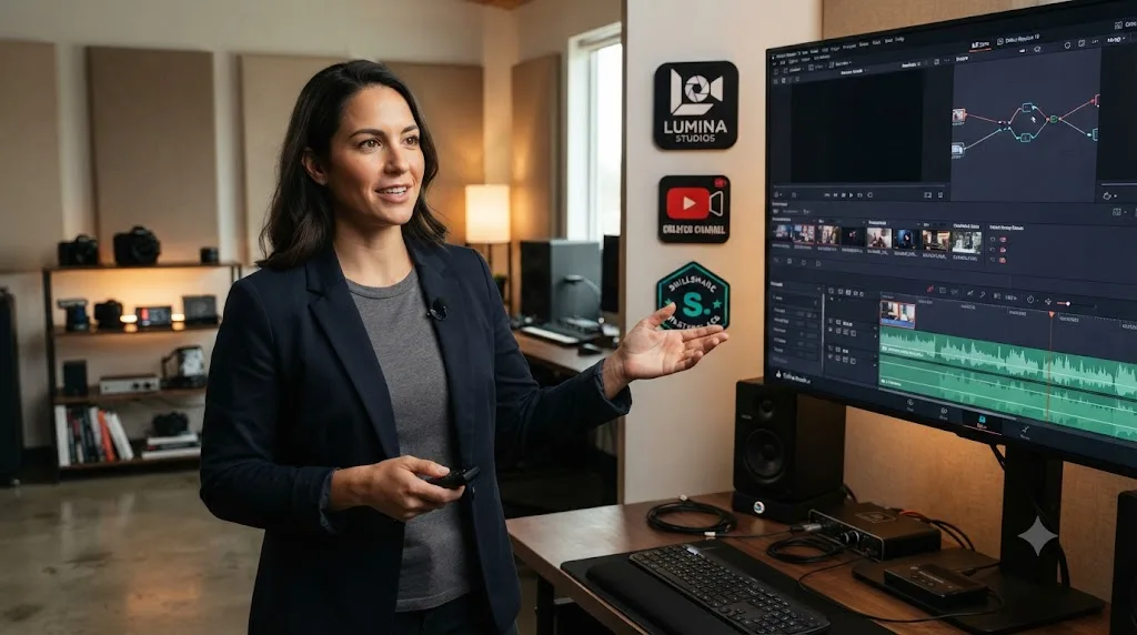 Illustration of an instructor figure standing beside a DaVinci Resolve interface with icons representing a production company, a YouTube channel, and a course platform badge