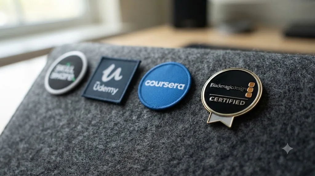 Illustration of four certificate badges labeled Skillshare, Udemy, Coursera, and Blackmagic, with the Blackmagic badge highlighted