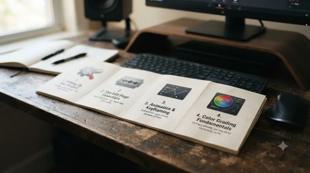 Illustration of a numbered course chapter list unfolding with icons for project settings, editing, keyframing, and color grading