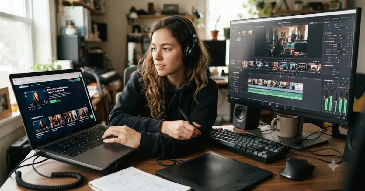 Illustration of a person comparing a Skillshare course library, a Udemy course listing, and a live DaVinci Resolve timeline side by side