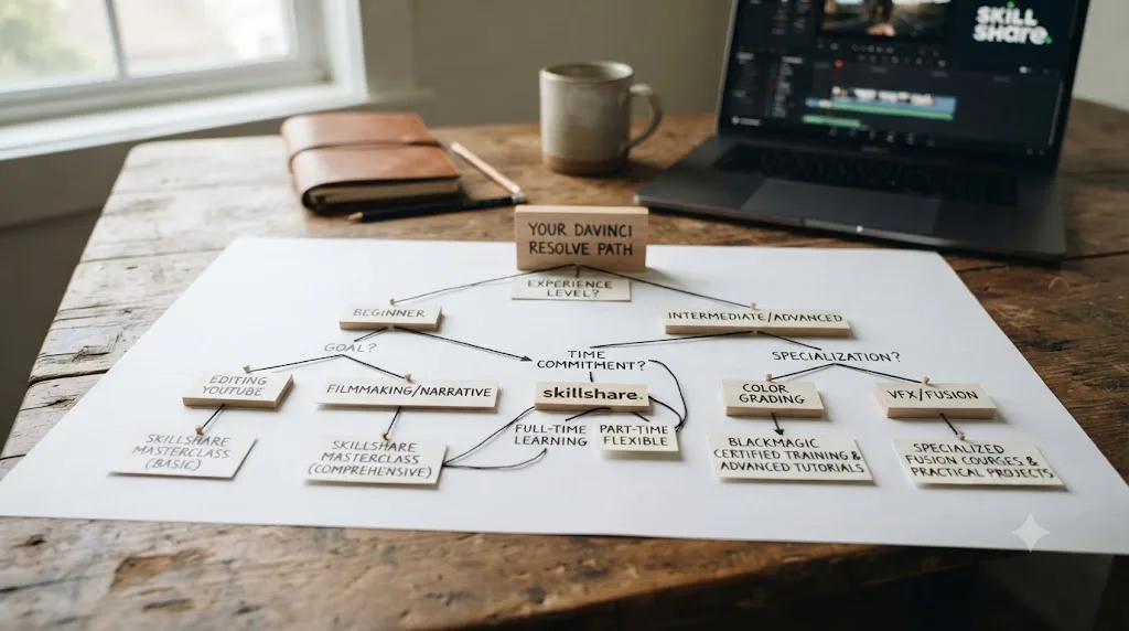 Illustration of a branching decision tree diagram leading toward different DaVinci Resolve learning paths based on the reader's situation