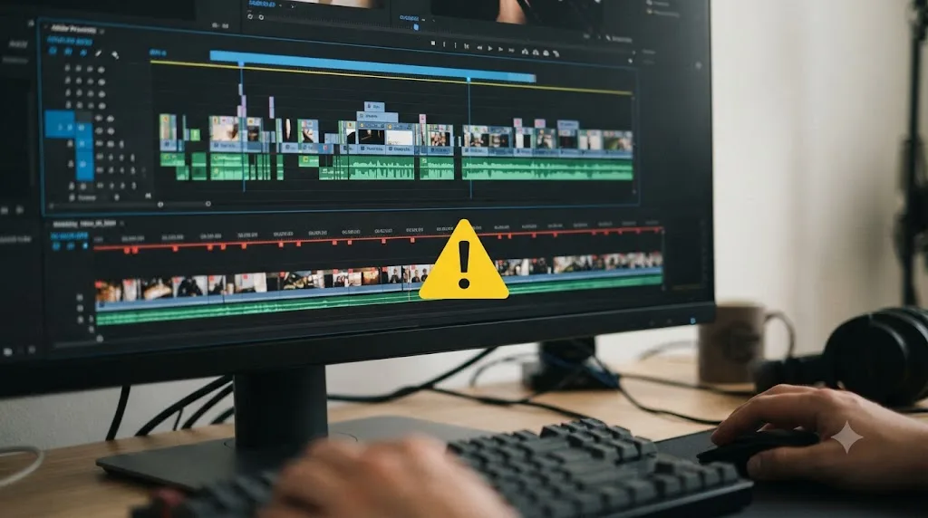 Illustration contrasting a clean export progress bar on a demo timeline with a warning icon over a mismatched frame-rate timeline
