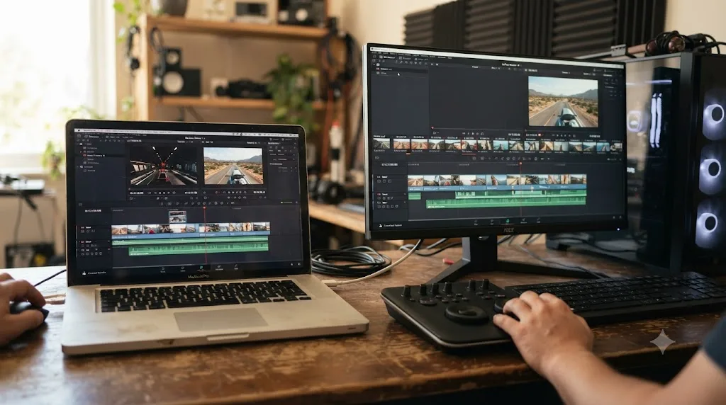 Illustration contrasting a laptop struggling with a stuttering DaVinci Resolve timeline next to a desktop workstation playing it back smoothly