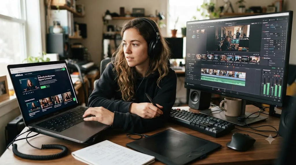 Illustration of a person comparing a Skillshare course library on a laptop next to a live DaVinci Resolve timeline on a second monitor
