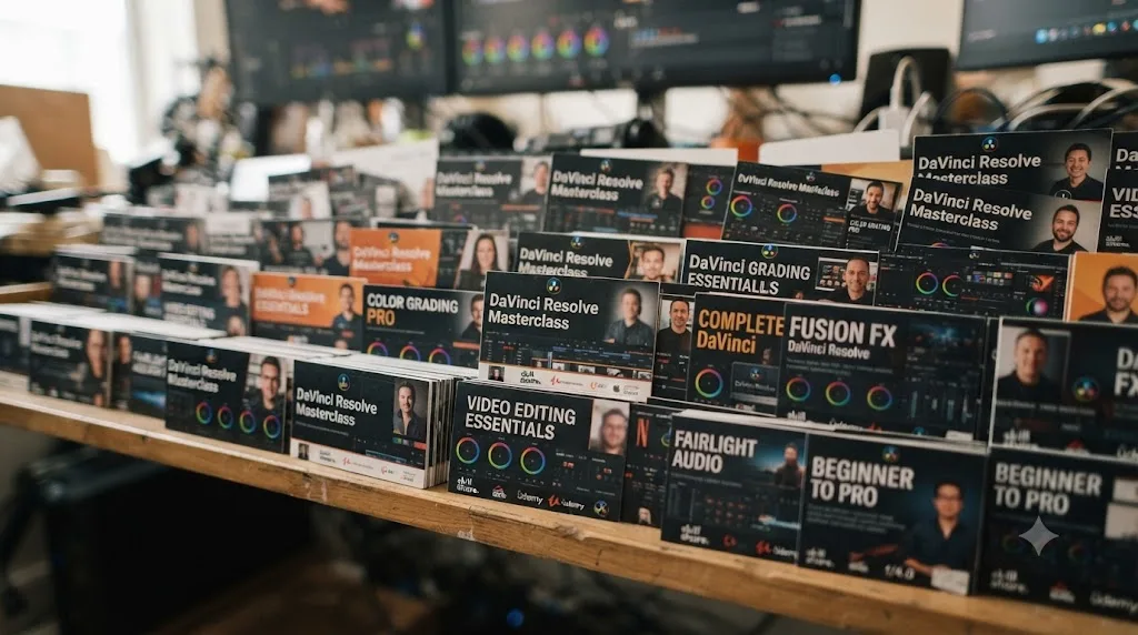 Illustration of a crowded shelf of similar DaVinci Resolve course thumbnails representing a saturated course marketplace