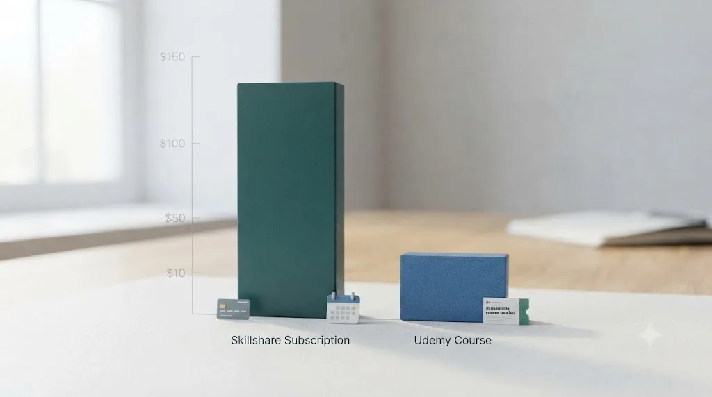 Illustration of a price comparison chart showing a Skillshare subscription cost next to a smaller one-time Udemy course purchase