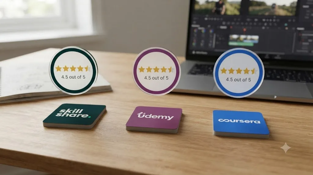 Illustration of three similar star-rating badges floating above icons representing Skillshare, Udemy, and Coursera