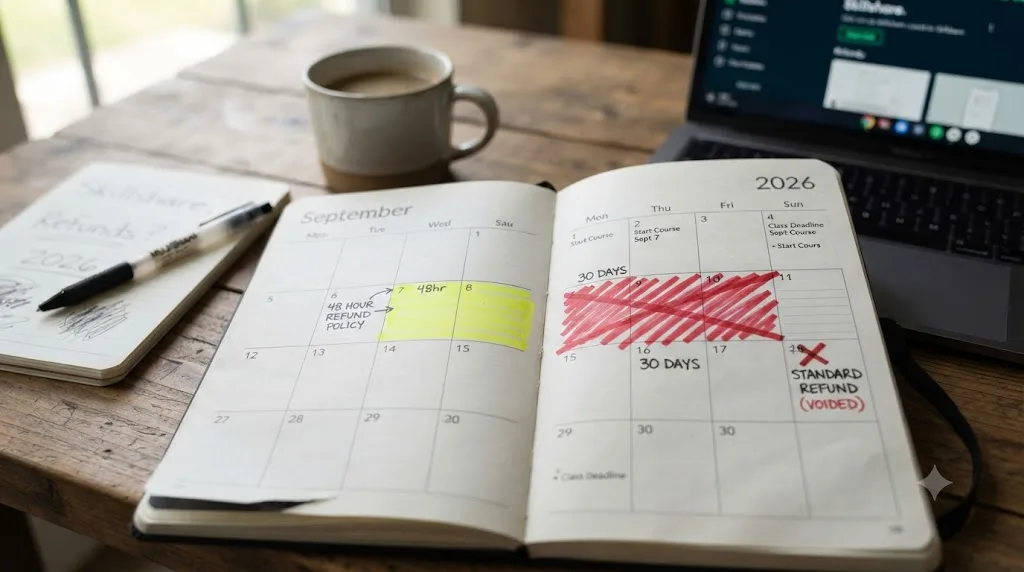Illustration of a calendar showing a highlighted 48-hour refund window next to a crossed-out 30-day window