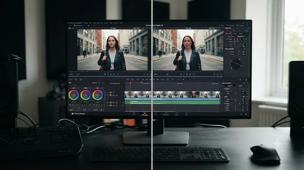 Illustration of a DaVinci Resolve interface split between the free version's standard tools and the Studio version's additional AI tools