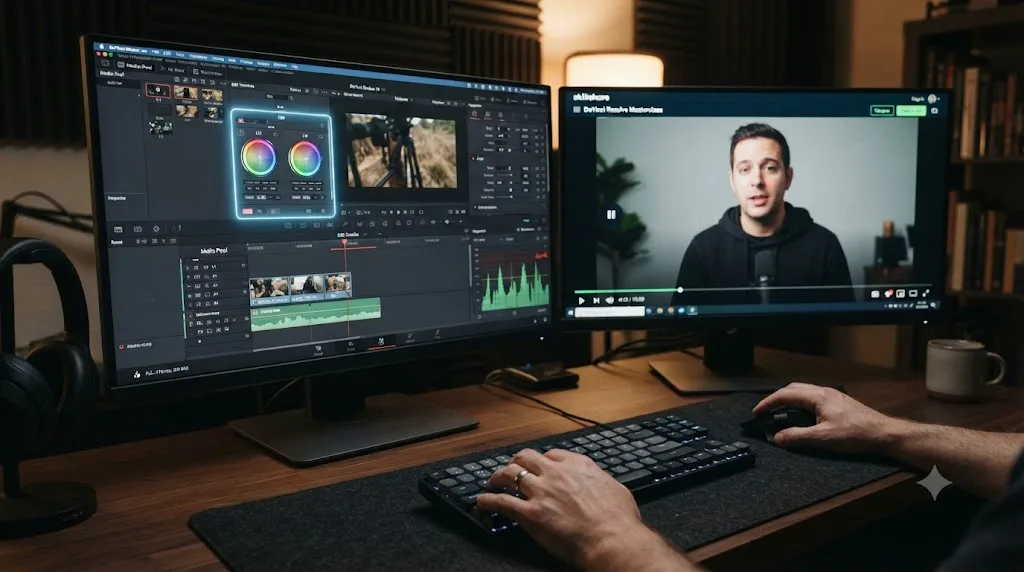 Illustration of an AI tutor overlay pointing at a control inside a live DaVinci Resolve project, next to a paused course video on a separate screen