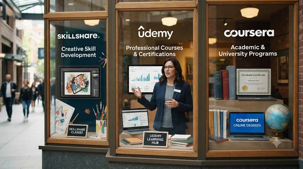 Illustration of an instructor figure behind three storefront windows labeled Skillshare, Udemy, and Coursera, each showing a different course package