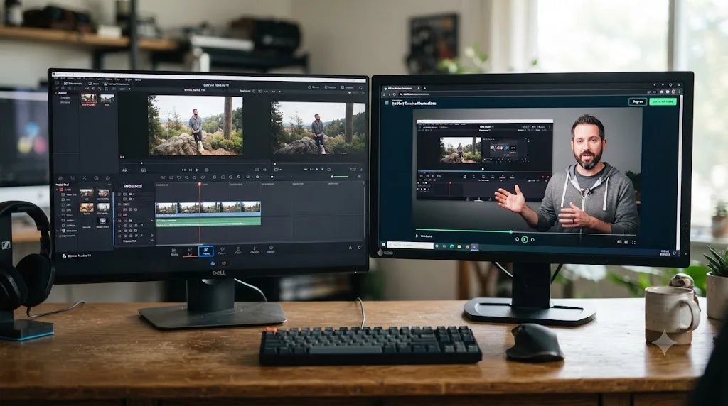 Illustration of a DaVinci Resolve interface with a new Photo page tab highlighted, next to a course video showing only older pages