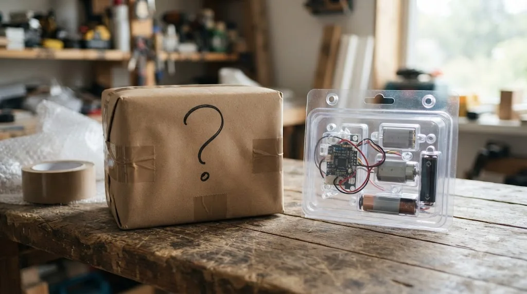 Illustration of a wrapped package with a question mark next to a transparent package showing visible components, representing vague versus specific product claims