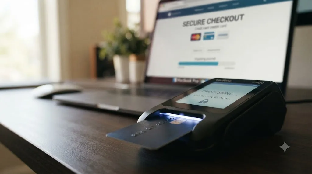 Illustration of a credit card icon flowing through a secure checkout gateway, representing third-party payment processing