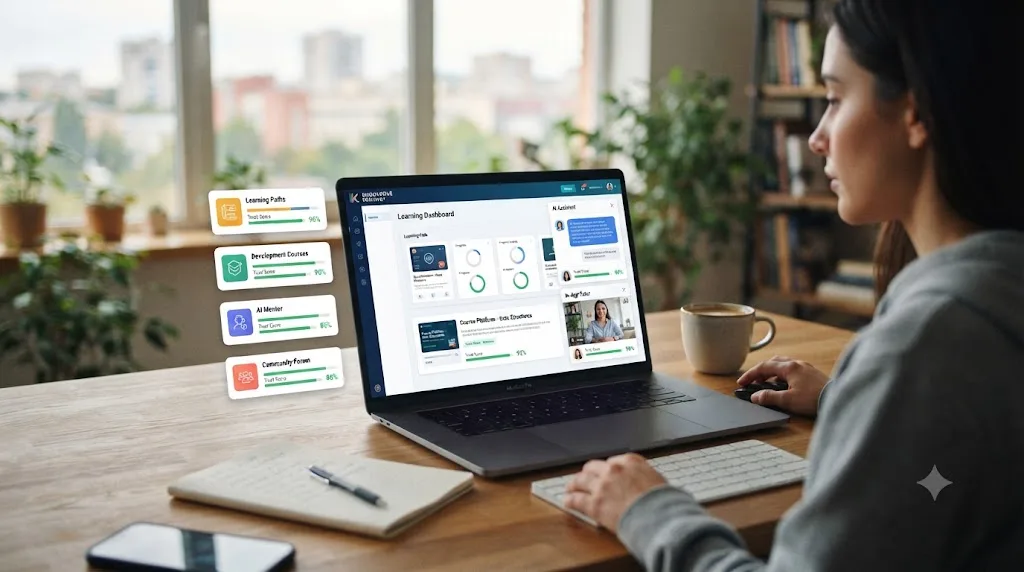 Illustration of several learning path icons, a course platform, a chatbot, and an in-app tutor, each with a small trust score bar beneath it