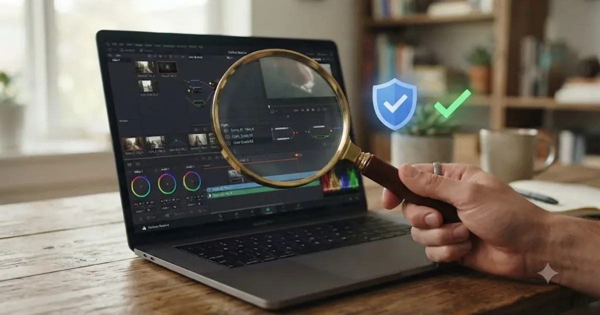 Illustration of a magnifying glass hovering over a laptop showing a DaVinci Resolve interface with a small AI tutor icon, representing a trust check