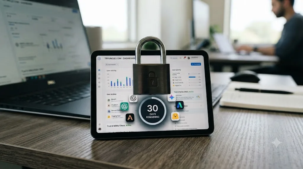 Illustration of a lock icon overlaid on a screenshot image with a countdown symbol and small icons representing third-party providers